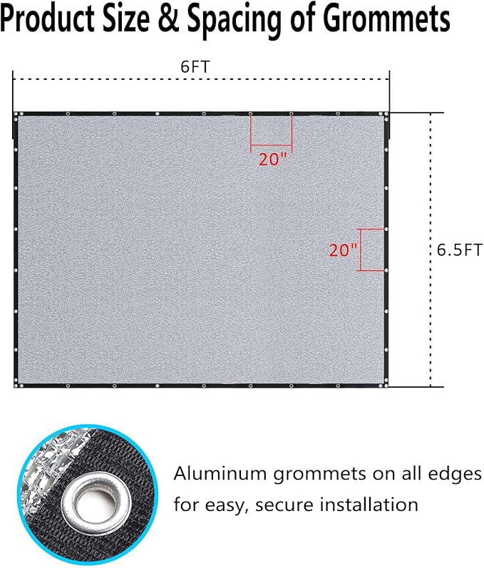 Aluminet Shade Cloth 70% - 6.5ft x 6ft Aluminum Shade Cloth with Grommets, Reflective Sun Block Shade Net for Dog Kennel, Small Patio, Car Windshield, Chicken Coop, Plants, Camping (Silver)