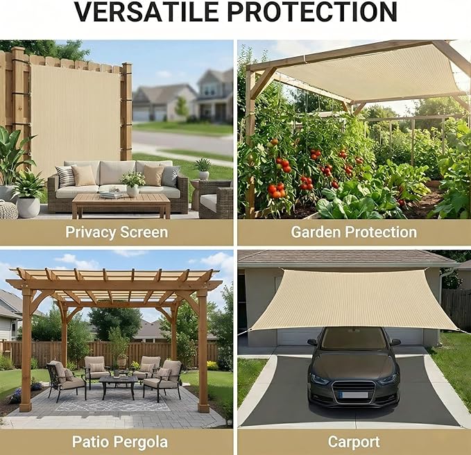12X20 FT 90% Sun Shade Cloth, Sunblock Shade Fabric with D-Rings, Sunshade Cover for Patio Pergola Deck, UV Protected Breathable Netting with Zipties & Ropes, Beige