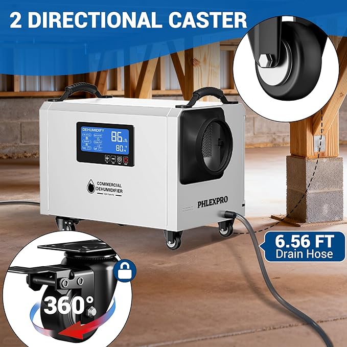 145 Pint Commercial Dehumidifier with Drain Hose for Crawl Spaces, Basements, Industry Water Damage Unit Restoration for up to 6000 Sq.Ft, Auto Defrost, Memory Starting(Gift Directional Wheels)