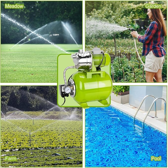 3/4HP Shallow Well Pump with Pressure Tank, 115V, Stainless Steel Irrigation, Automatic Water Booster Jet Pump for Home, Garden, and Lawn Use – Reliable Water Supply Solution