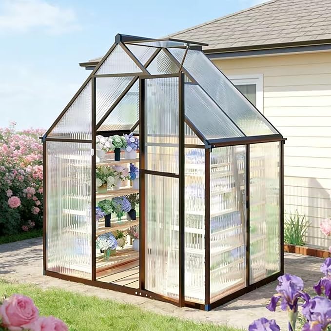 6 x 4 FT Greenhouse for Outdoors, Polycarbonate Greenhouse with Quick Setup Structure and Roof Vent, Aluminum Large Walk-in Green House for Outside Garden Backyard, Dark Gray
