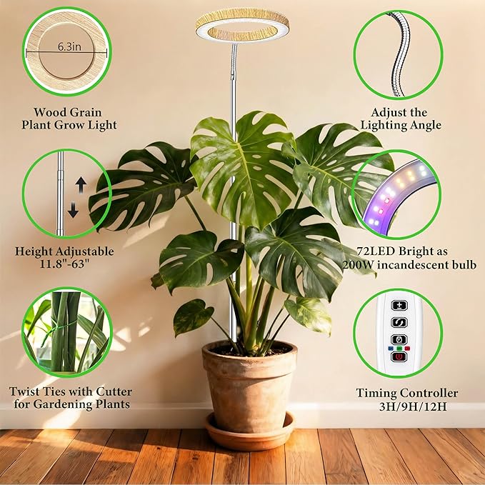Grow Lights for Indoor Plants Full Spectrum,6.3" LED Wood Grain Plant Grow Light, 9.8-65in Height Adjustable Plant Lights Growing Lamp with Auto Timer 3H/9H/12H,10 Dimmable Levels (Wood Grain 1 Pack)