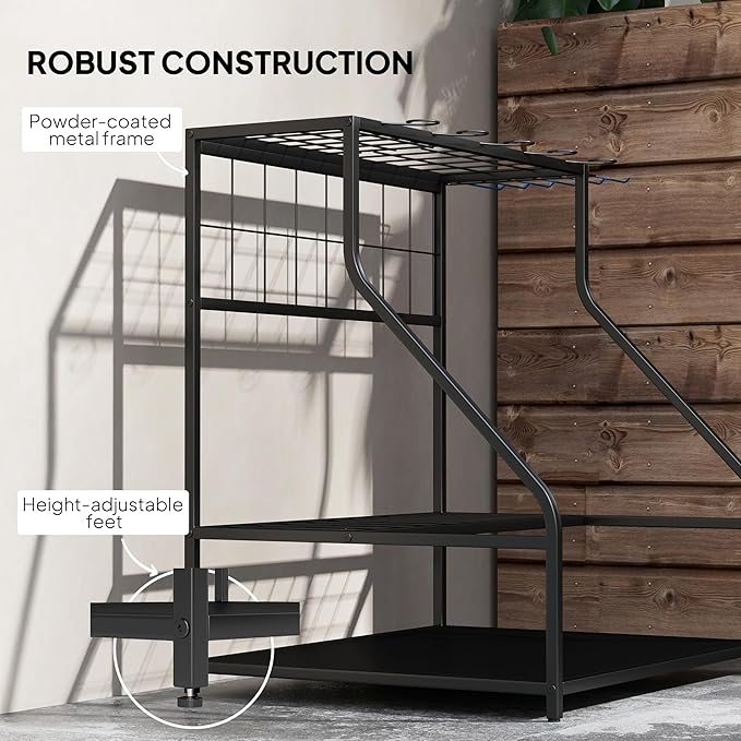Outsunny Garden Tool Organizer for Garage, 3-Tier Yard Tool Storage Rack with Hooks for Long-Handled, Broom, Shovel, Rake, Metal Garden Tool Storage for Shed, Yard, Garage, Blue