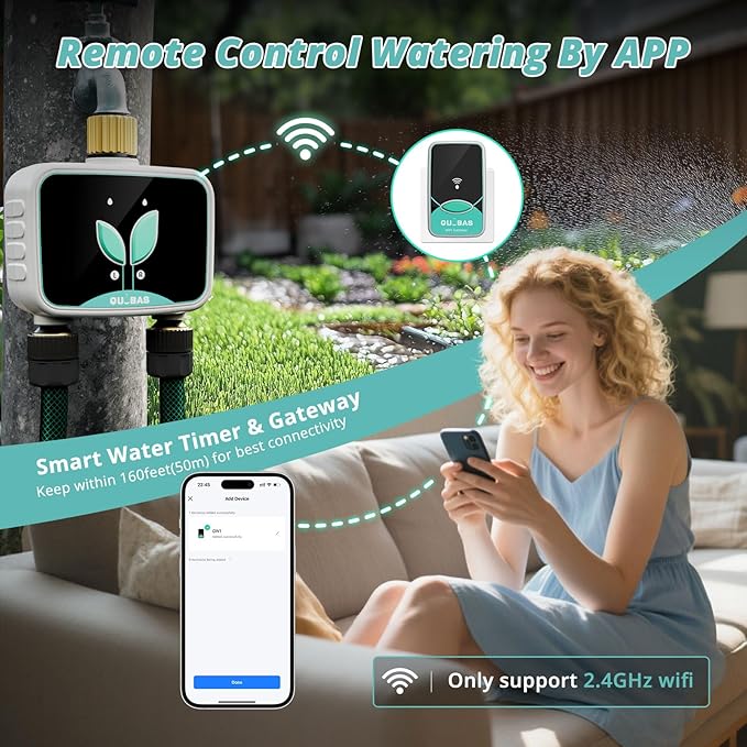 QUOBAS Smart WiFi Water Timer for Garden Hose, 2 Zone Brass Sprinkler Timer with App Control & Rain Delay/Auto/Manual 3 Modes for Drip Irrigation, Pool & Lawn, Battery Powered, 2.4GHz WiFi Only