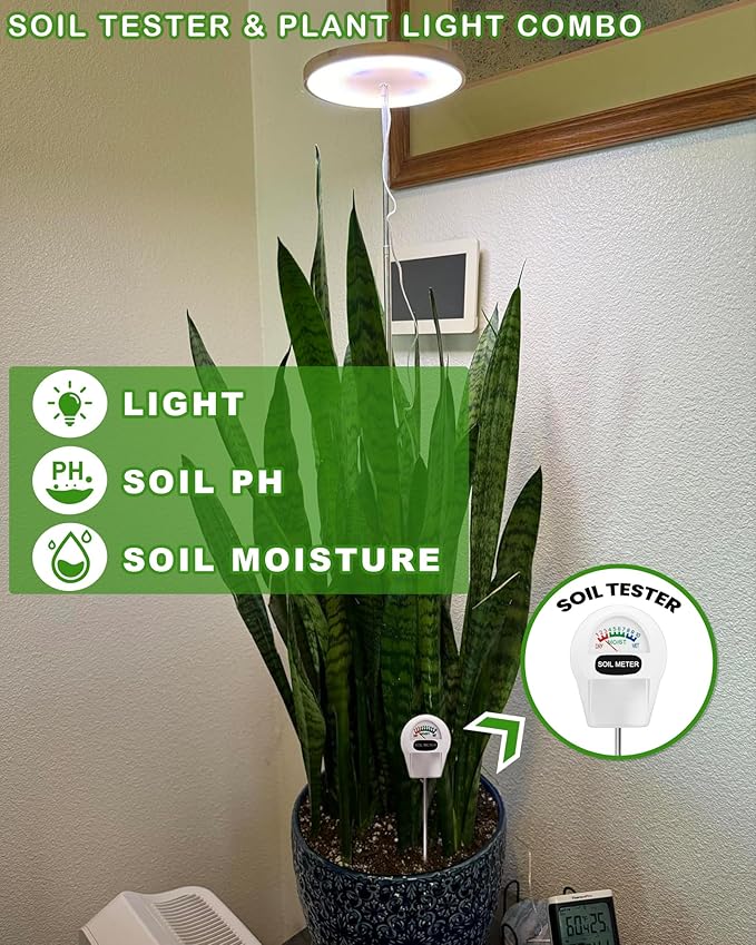yadoker Plant Grow Light, LED Growing Light Full Spectrum for Indoor Plants, Paired with a Soil Tester,Height Adjustable, Automatic Timer, 5V Low Safe Voltage,Idea for Large Plant Light