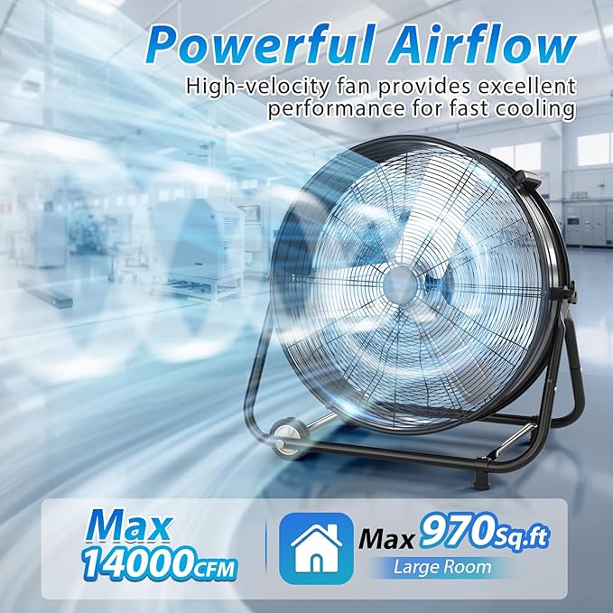 LifePlus 14000 CFM Heavy Duty Industrial Drum Fan, 30 Inch 550W Metal Shop Fan with 3 Speeds, 360° Tilt, Wheels for Warehouse, Commercial, Workshop, Factory and Basement, Black