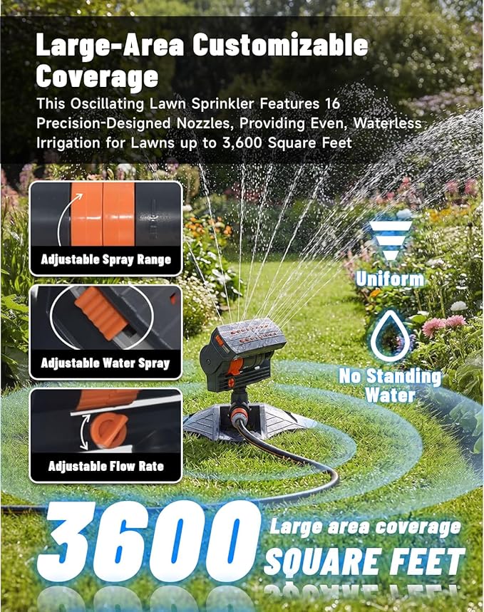 16-Nozzle Oscillating Sprinkler with Dual-Zone Sprinkler Water Timer, Heavy Duty Automatic Lawn Garden Irrigation System, Adjustable Spray Range & Width for Large Area Grass (with Single-Zone Timer)