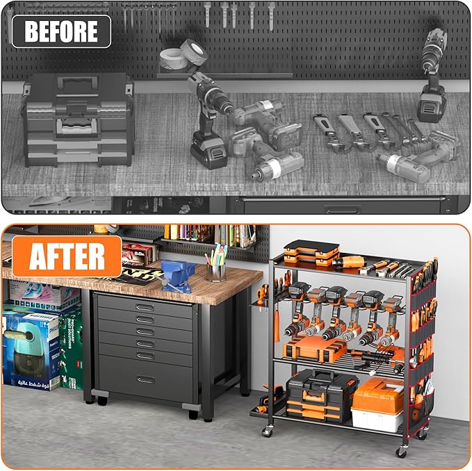 TORACK Rolling Power Tool Storage Cart, 4-Tier Large Drill Organizer with Slots for 12 Drills, Freestanding Cordless Tool Rack with Wheels for Garage & Workshop