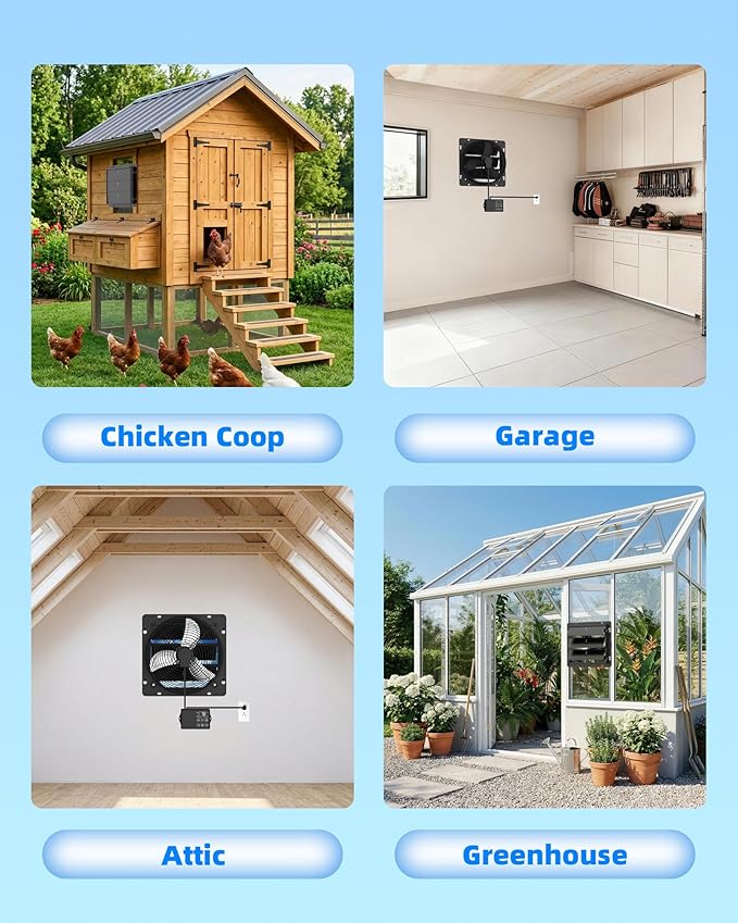 8'' Upgraded Shutter Exhaust Fan with Thermostat & Remote, 760 CFM Wall Mounted Attic Exhaust Fan, Auto On/Off by Temperature for Garage, Greenhouses, Sheds, Chicken Coops & Basement