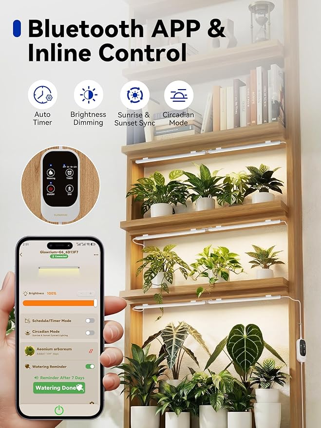 GLOWRIUM Smart Grow Lights for Indoor Plants with APP, Full Spectrum Grow Lights for Seed Starting, G6 Plant Light Strip with auto Timer, 3 Angle dimming Levels for Plant Shelf, 2-Pack (White, 16W)