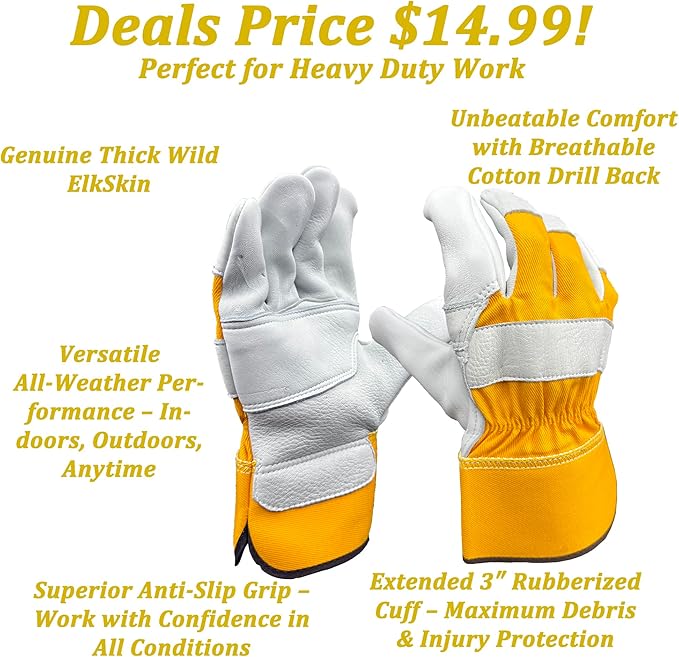 SKYDEER Full Premium Wild Elkskin Leather Work Gloves for Men, Durable for Heavy-Duty Labor, Construction, and Garden SD8826