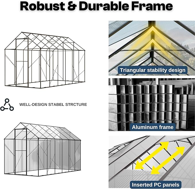 Kingdura Walk-in Greenhouse for Outdoors, 6x10ft Large Polycarbonate Greenhouses with Aluminum Frame, Adjustable Roof Vent, Lockable Door, UV Protection for Outside Garden Backyard