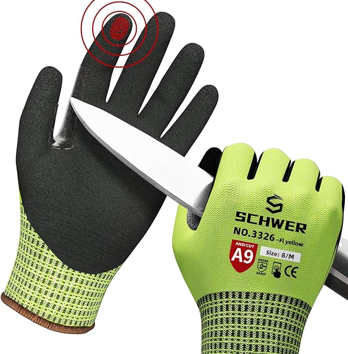 Schwer ProGuard Highest Level Cut Resistant Work Gloves PR3326 for Extreme Protection，ANSI A9 Cut Gloves with Reinforced Thumb, Non Slip, Breathable, Durable, Touch-screen, Yellow 1 Pair（M）