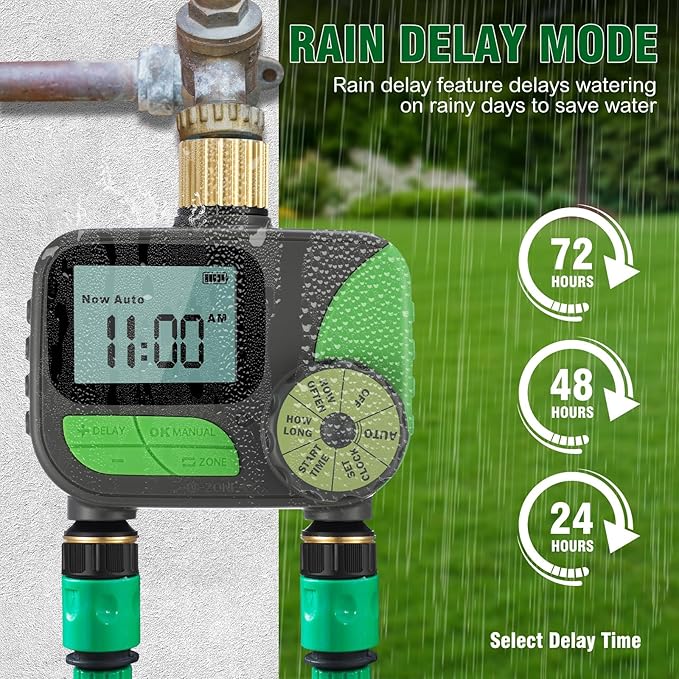 Kingdder Water Timer, Sprinkler Timer with Brass Inlet and Outlet Programmable Garden Hose Faucet with Rain Delay/Manual/Automatic Irrigation System for Yard Lawn IP54 Waterproof(2 Outlet)