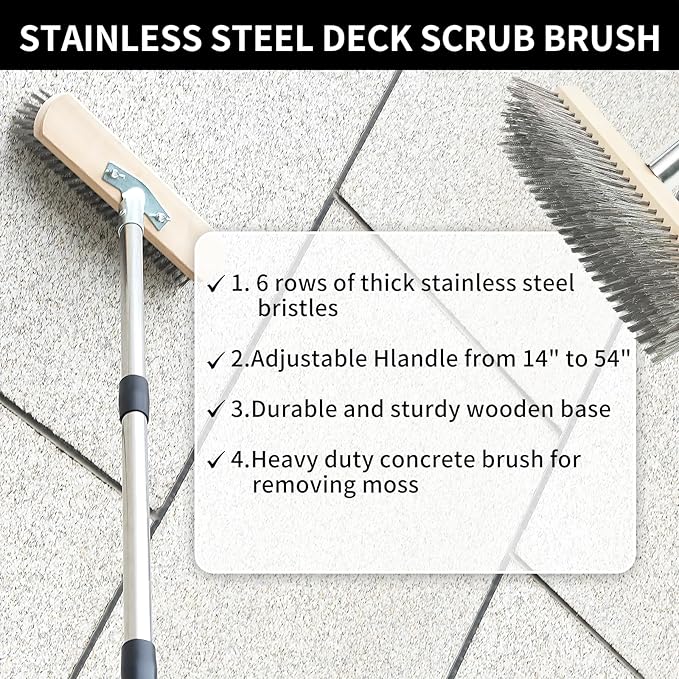 Stainless Steel Wire Scrub Brush with Long Handle, Moss Remover Wire Broom for Deck, Rough Surface, Concrete Floor, Patio, Garden, Garage (Silvery)