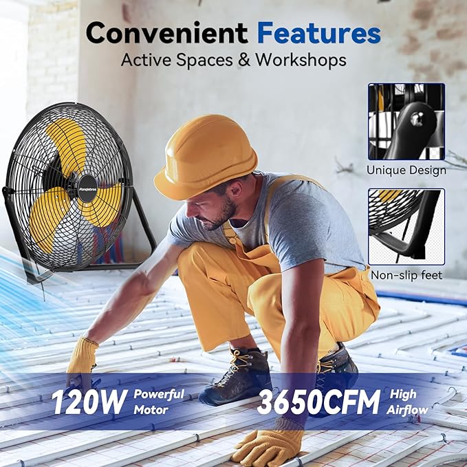 18" High Velocity Floor Fan, 3800 CFM Heavy Duty Industrial Floor Fan, 3 Speed, 360 Degree Tilt, Wall Mounted & Floor Design for Warehouse, Basement, Factory, Barn, Garage - UL Safety Listed