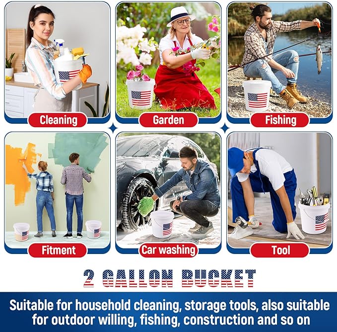 Threehoney 6 Pcs 2 Gallon Plastic Bucket with Lid and Handle, Large White Heavy Duty Bucket with American Flag for Home Gardening Tools Household Cleaning Baseballs Storage Container