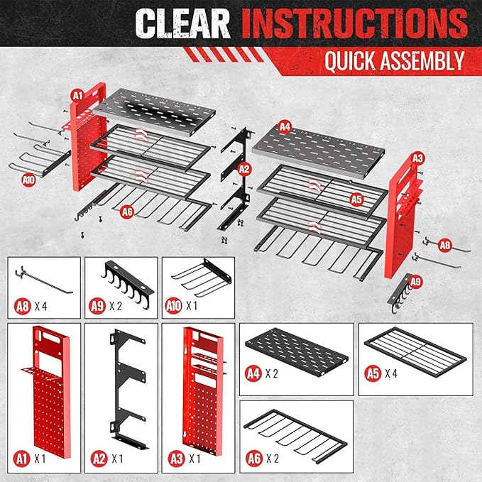 Heavy Duty Power Tool Organizer Wall Mount,Garage Organization with 10 Drill Holder, 4 Layers Tool Organizers and Storage for Workshop,Red