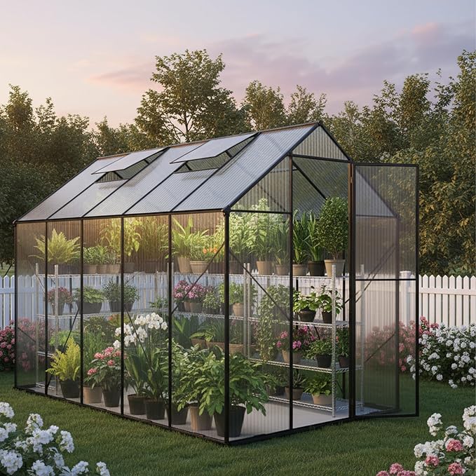 Kingdura Walk-in Greenhouse for Outdoors, 6x10ft Large Polycarbonate Greenhouses with Aluminum Frame, Adjustable Roof Vent, Lockable Door, UV Protection for Outside Garden Backyard