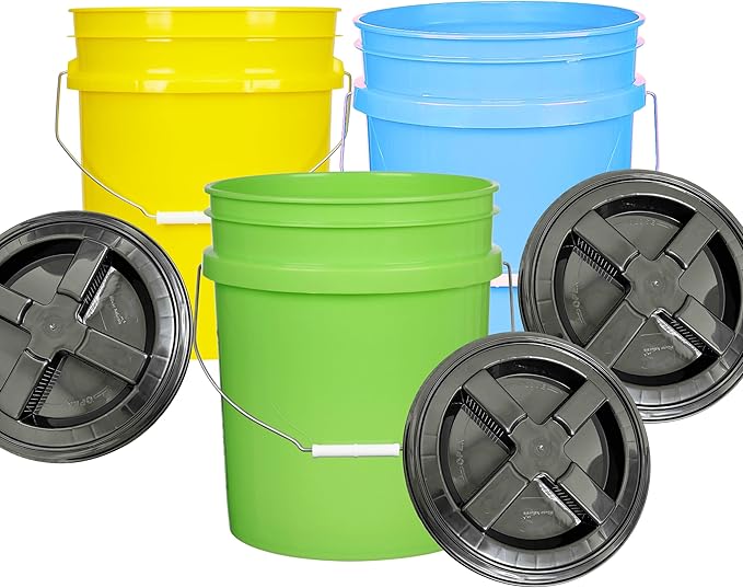 House Naturals 5 Gallon Food Grade Multi Color Buckets (Yellow Aqua Lime Green)- Pack of 3- Made in USA (Black lids)