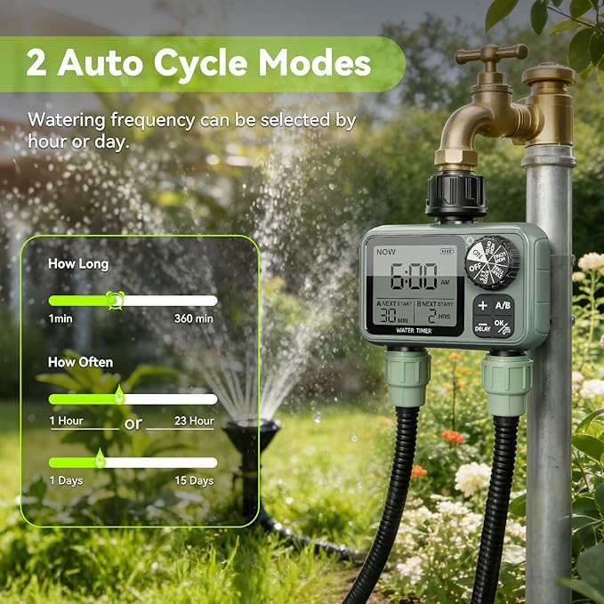 CMARS 2 Zone Sprinkler Timer for Garden Hose – Features Rain Delay, Manual & Automatic Modes, Brass Inlet, Dual Outlet Design, Programmable Watering & Drip Irrigation Ready for Lawn Yard