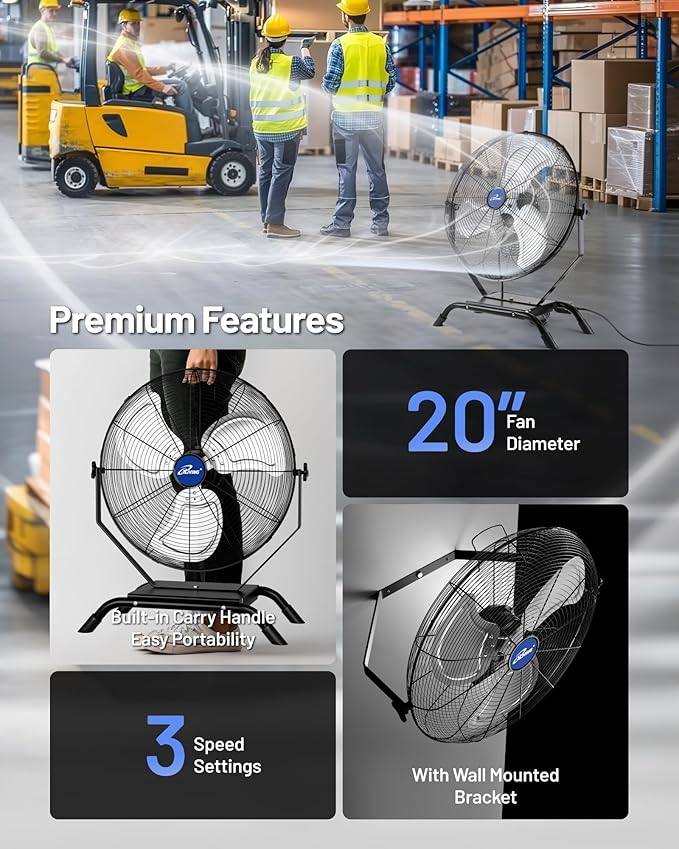 iLiving Wall Mounted/Floor Stand Variable 20 Inches Speed Indoor/Outdoor Fan, Industrial grade for Patio, Greenhouse, Garage, Workshop, and Loading Dock, 4650 CFM, Black