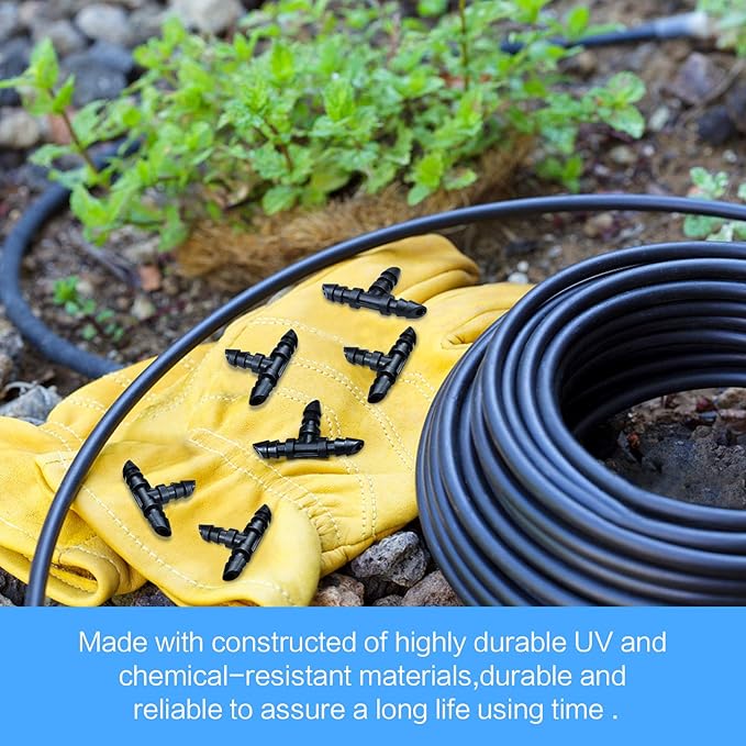 70 Pack Barbed Tee Fittings, 1/4" Drip Tubing, Black, Plastic, Irrigation Fitting, HOSE PIPE FITTING, Barb Tee, 1/4 inch