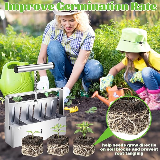 4 Pack Soil Blockers 2 Inch 4 Cell Soil Block Maker with 3 Sizes Seed Pins Comfortable Handle Handheld Blocking Tools for Seeds Starting Grow Seedling Cuttings Greenhouses Garden Outdoor