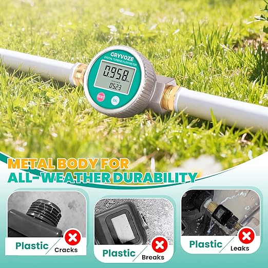 Metal Water Flow Meter, 3/4" GHT Garden Hose Flowmeter with Brass Thread and Large Screen for RV, Pool, House, Lawn Sprinkler and Outdoor Watering – Supports Gallon, Liter, GPM and LPM