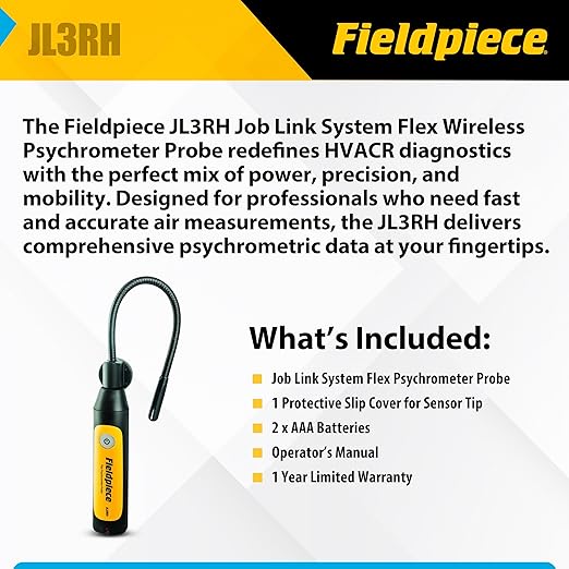 Fieldpiece JL3RH Job Link System Flex HVACR Wireless Psychrometer Probe – 1000 ft Bluetooth Range with Flexible Wand - Supply/Return Switch - Water-Resistant - HVAC Diagnostic Tool