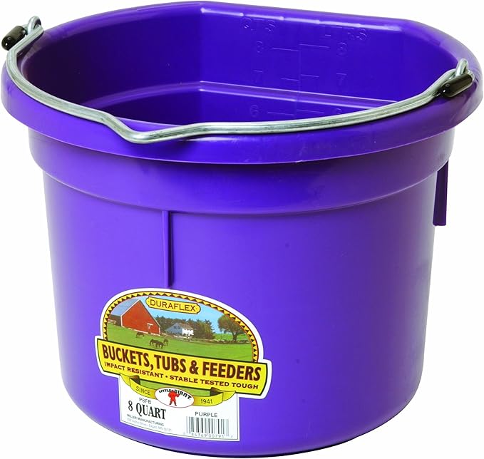 Little Giant® Flat Back Plastic Animal Feed Bucket | Animal Water and Feed Bucket with Metal Handle | 8 Quarts | Purple