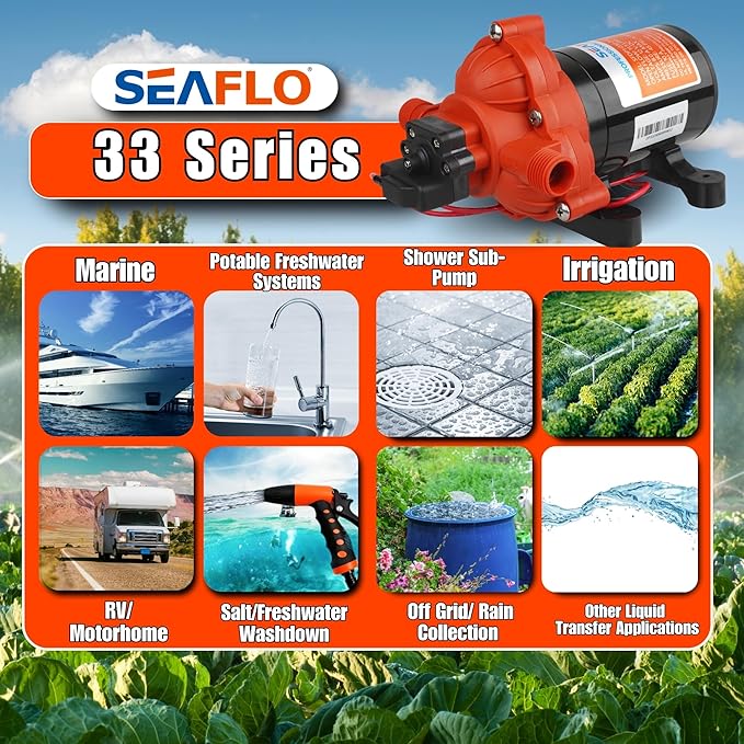 SEAFLO 33 Series DC Diaphragm Pump – 4-Year Warranty! 12V, 3.0 GPM, 45 PSI, Self-Priming, Run Dry Safe, Built-In Pressure Switch | Ideal for Marine, RV, and Water Systems