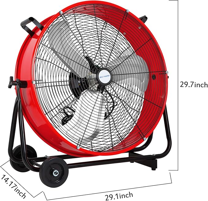 BILT HARD 24" Heavy Duty Industrial Drum Fan, 8100 CFM High Velocity Drum Fan with 3-Speed Control, Metal Shop Fan for Warehouse, Garage, Workshop, Basement and Factory