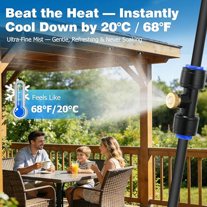 Mellbree Misters for Outside Patio 30FT/9M, Pre-Assembled Misting Cooling System with 8 Brass Nozzles & 3/4" Adapter, Outdoor Mister for Backyard, Garden, Greenhouse, Chicken Coop, Dog House