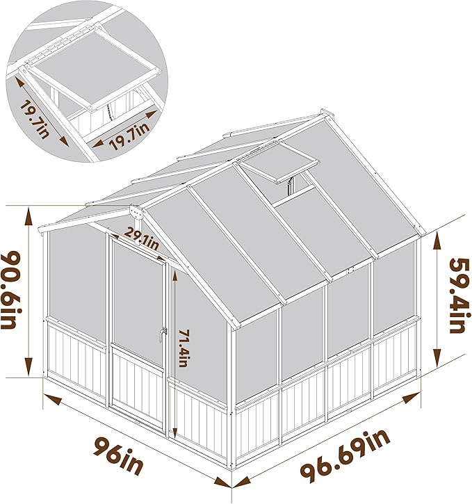 MUPATER 8 x 8FT Wooden Polycarbonate Greenhouse with 6mm Polycarbonate Panels for UV Protection, Ventilated Window & Lockable Door, Walk-in Greenhouse for Outdoors, Patio, Backyard, Black