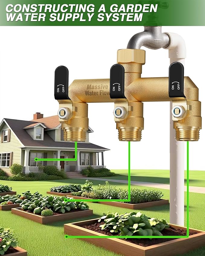 3 Way Hose Splitter, Heavy Duty Full Flow Garden Water Hose Bib Spigot Splitter, Brass Rust and Freeze Resistant Outdoor Faucet Splitter, T Adapter Connector with 3/4 - Inch GHT Thread （Black）