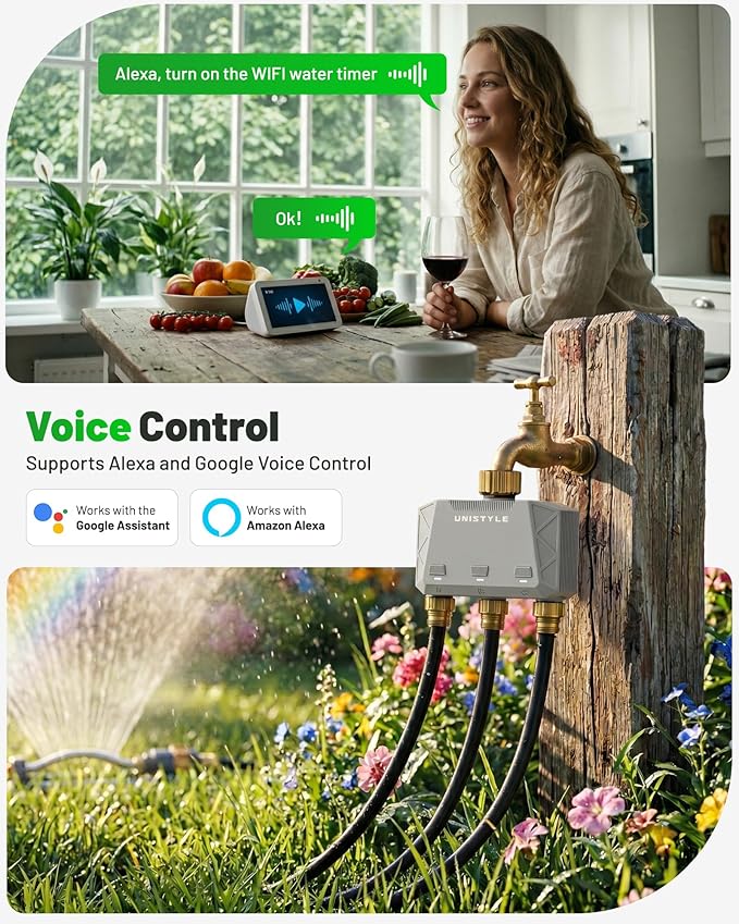 [All-New 2027] 1700FT WiFi Sprinkler Timer 3 Zone with Brass Inlet, Unistyle Smart Hose Timers Compatible Alexa & Google Voice, Water Timer for Garden Hose with Auto & Manual Modes for Garden Lawn