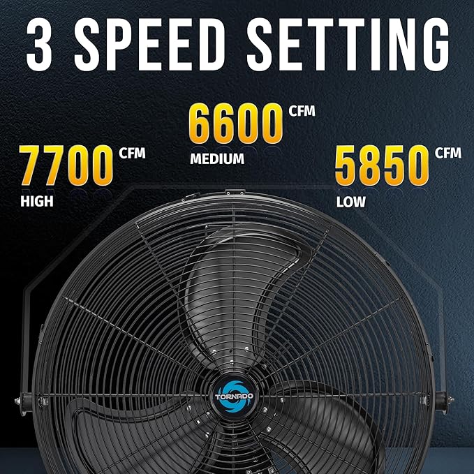 Tornado 24 Inch Outdoor Wall Mount Fan, 3-Speed High Velocity Metal Wall Fan – IPX4 Water-Resistant, 7700 CFM, UL Safety Listed, Ideal for Commercial, Industrial and Residential, Black