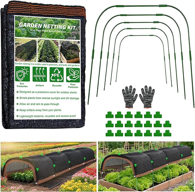 Garden Shade Cloth Kit 78.7"x59" Garden Sun Shade Cloth with Hoops for Heat Protection 75% Black Plant Shade Cloth Garden Greenhouse Grow Tunnel Shade Cloth Row Cover for Outdoor Plants Vegetables