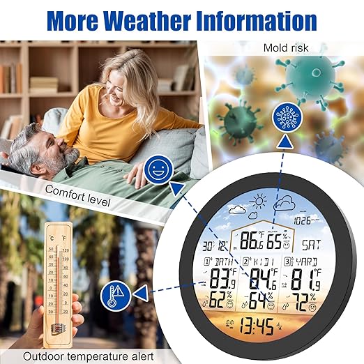 Uzoli EM3567 6.7" Round Wireless Weather Station with 3 Sensors Color Display Home Weather Stations Indoor Outdoor Thermometer with Atomic Clock Temperature Humidity Weather Forecast (Black1)