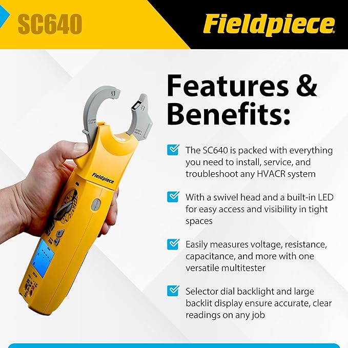 Fieldpiece - SC640 Swivel Clamp Meter with Dual Display, Inrush Current, LED Jaw Flashlight and Backlit Display - HVAC Tools