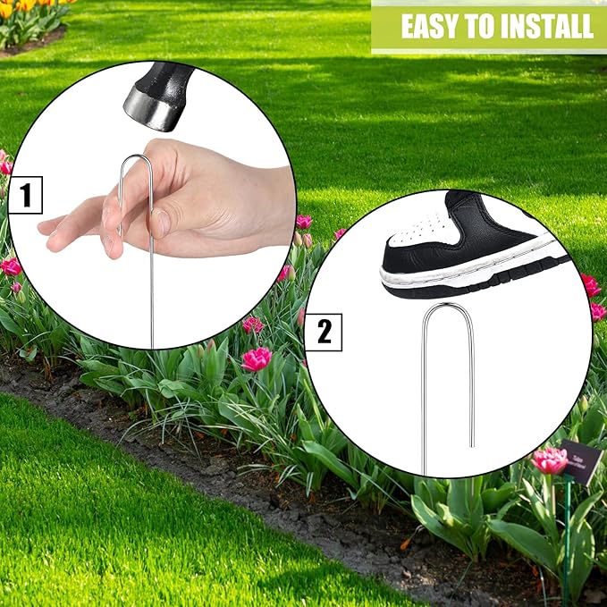 Pelopy 200 Pcs 5/8" Irrigation Drip Tubing Stakes 5 in J-Shaped Landscape Staples Garden Drip Line Stakes Soaker Hose Pins for Lawn Plant Yard Fence Ground Drips Systems, Sliver