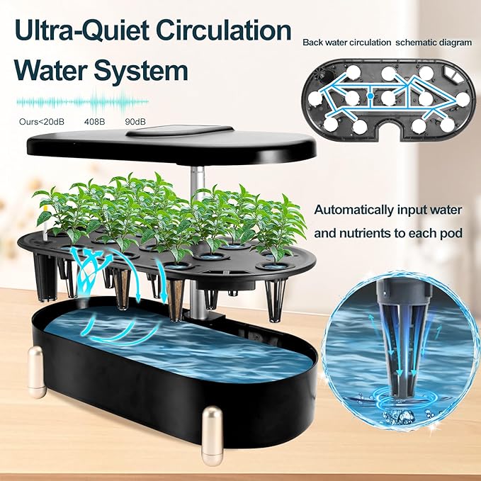 Indoor Garden Hydroponics Growing System12 Pods Plant Germination Kit Aeroponic Herb Vegetable Growth Lamp Countertop with LED Grow Light Smart Water Pump Automatic Timer (Blackish-Green)