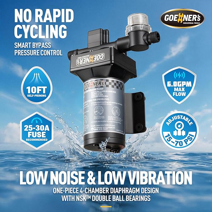 2026 Upgraded RV Water Pump, 12V 6.0 GPM High-Flow, Ultra-Quiet 70 PSI Self-Priming Diaphragm Pump with Adjustable Pressure Switch & Strainer for RV, Marine, Camper, Boat (Run-Dry Safe)