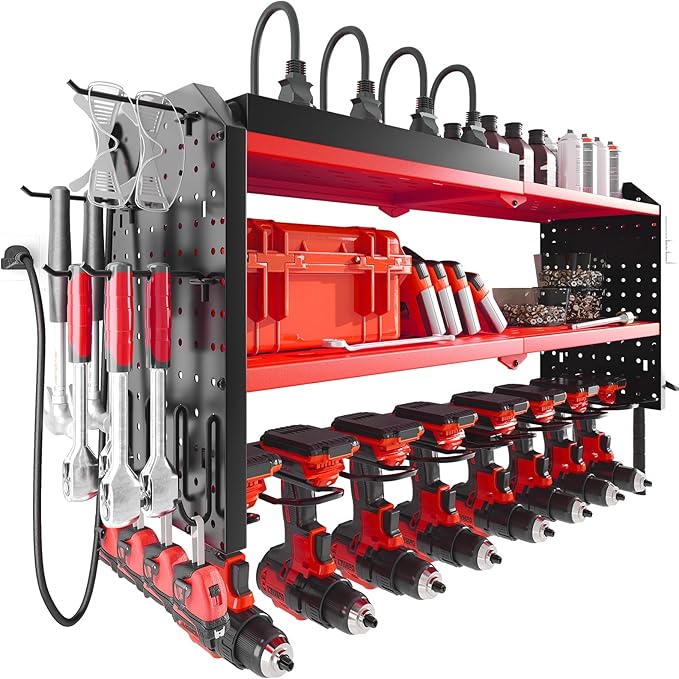 Warome Tool Organizer with Charging Station, Power Tool Rack Wall Mount with 8-Outlet Power Strip, Tool Storage for Garage with 8 Cordless Drill Holders, Battery Utility Shelf in Red