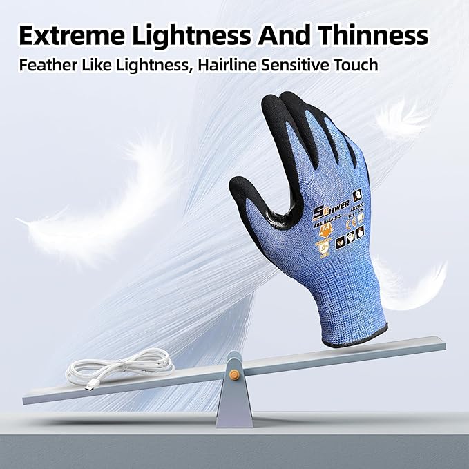 Schwer A4 AIR-SKIN Cut Resistant Work Gloves AR3900 with Extreme Lightweight & Thin, Grip Gloves for Fishing, Refined Work, Mechanic, Gardening, Touch-Screen, Non-PFAS, 3D-Comfort Fit, 2 Pairs, L