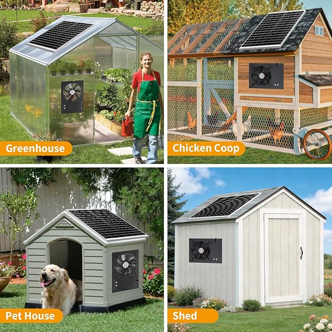 25W Solar Exhausted Fan with Battery, 2 Wind Speed, IP65 Waterproof 7.1" Solar Powered Ventilation Fan for Chicken Coop, Greenhouse, Shed and Dog House (16.4FT Cord)