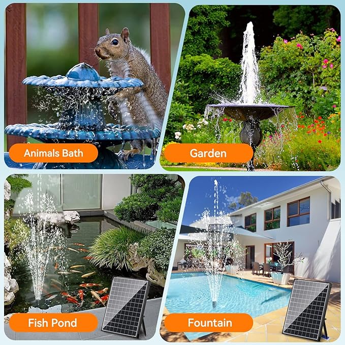 Biling 25W Solar Fountain Pump, 410GPH Submersible Solar Pond Pump with Filtration and Dry Run Protection, 4.9ft Lift, 17ft Cord, 4 Nozzles, 6.7ft Tubing for Pond Fountain, Outdoor Water Features