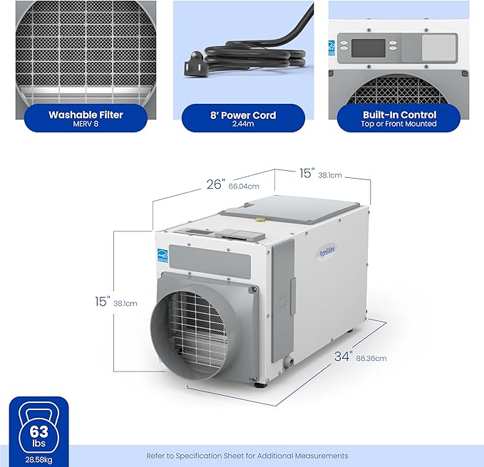 AprilAire E100 Pro 100-Pint Whole-House Dehumidifier, Energy Star Certified, Commercial-Grade Whole-Home Dehumidifier for Basement, Crawlspace, or Whole House up to 5,500 sq. ft.