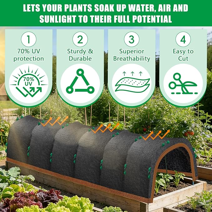 118"x79" Garden Shade Kit, 70% Garden Sun Shade Cloth with Hoops for Plants Heat Protection, Raised Garden Bed Shade Cover Plant Sun Shade for Outdoor Plants Vegetables